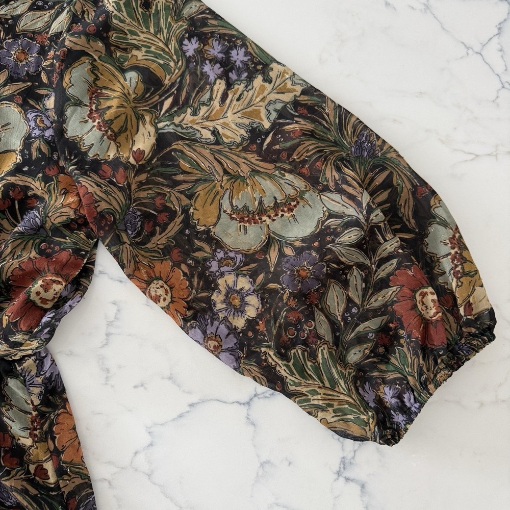 Piper & Scoot Floral Midi Dress L Sheer Long Sleeve Lined Black Boho Dark Floral - Picture 6 of 14